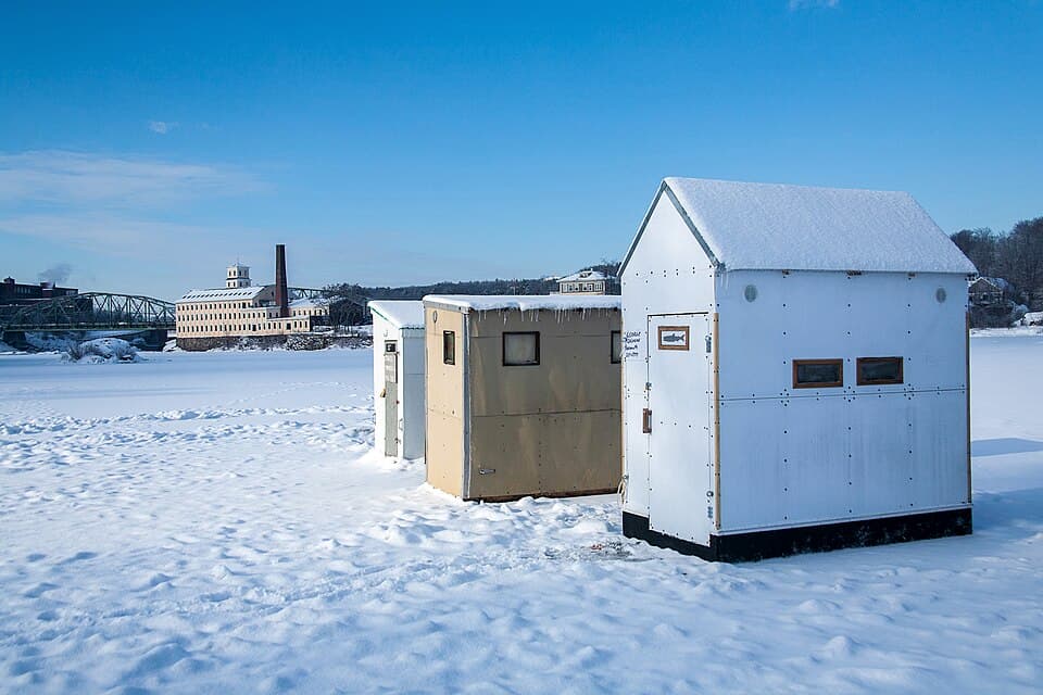 Ice-fishing shacks on the frozen Androscoggin River
