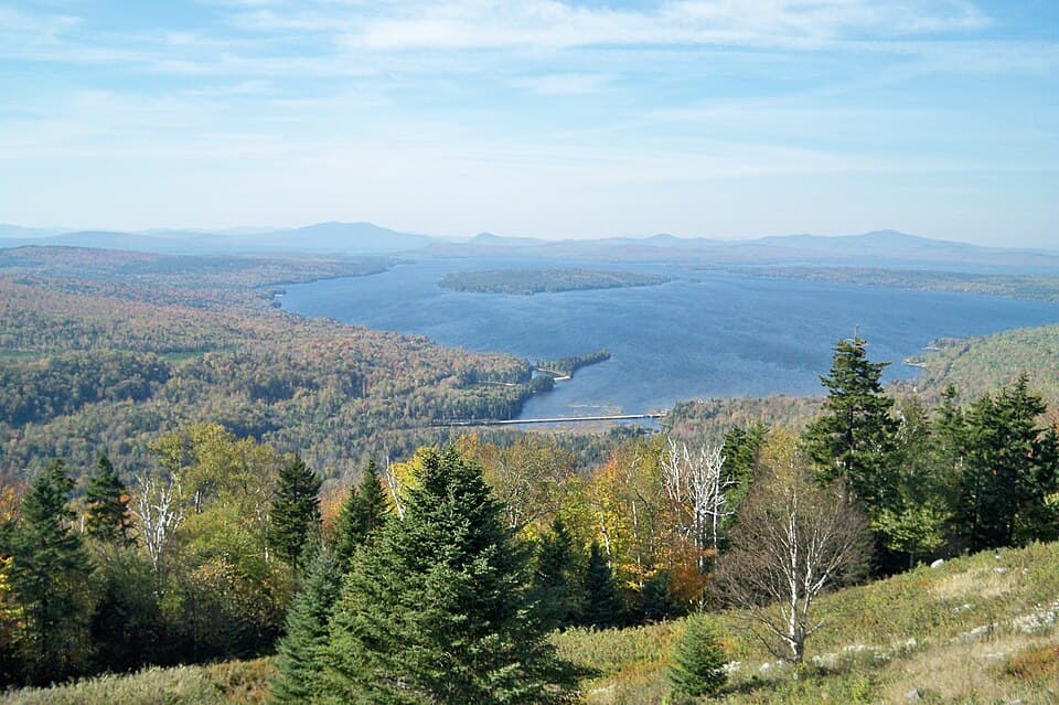 Fall colors from the Height of Land lookout over the Rangeley Lakes