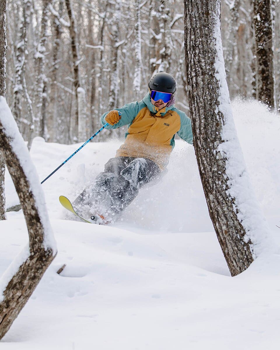 A skier carving through fresh snow in a glade at Mt. Abram